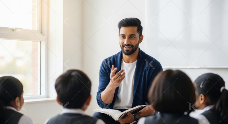 Indian male teacher reads to a group of attentive children, fost