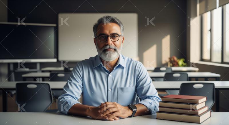Indian male teacher in a blue shirt sits at a classroom desk wit
