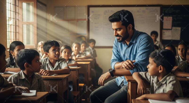 An Indian male teacher in a blue shirt interacts with a group of