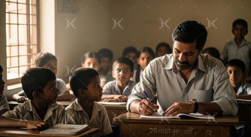 An Indian male teacher in a blue shirt interacts with a group of