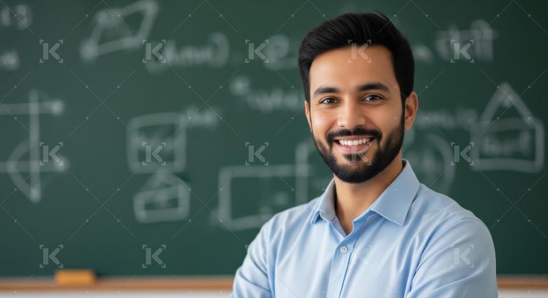 Young Indian math teacher in a light blue shirt stands confident