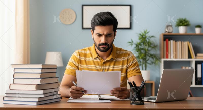 A student in a yellow striped shirt focuses on paperwork at a st