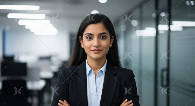 Young beautiful indian business woman standing at office