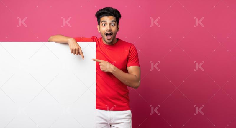 Young indian man holding white blank billboard