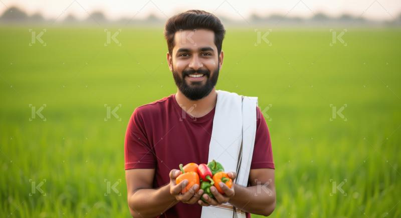Young indian farmer holding fresh vegetables standing at green a