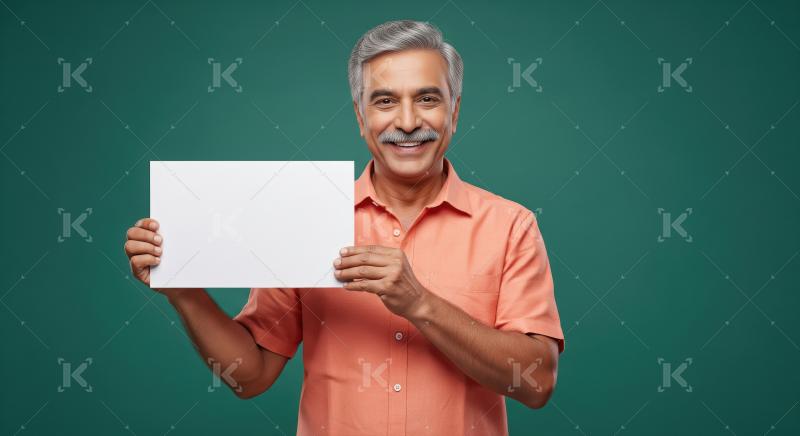 Happy senior indian man man holding blank white board