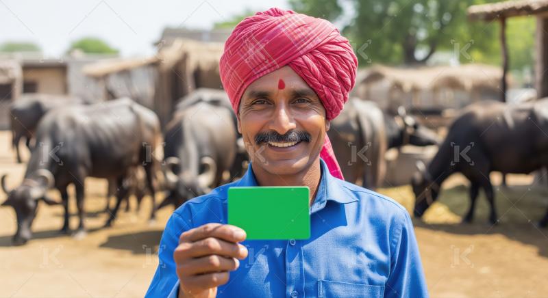 Happy indian farmer holding credit card