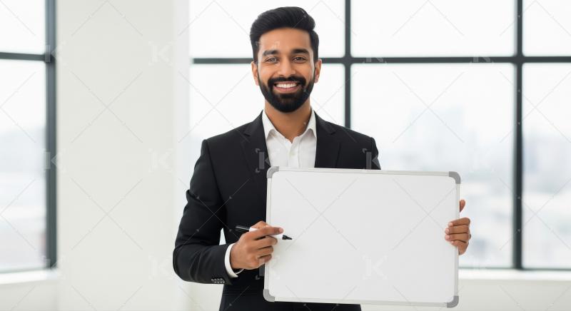 Young indian man holding white blank billboard
