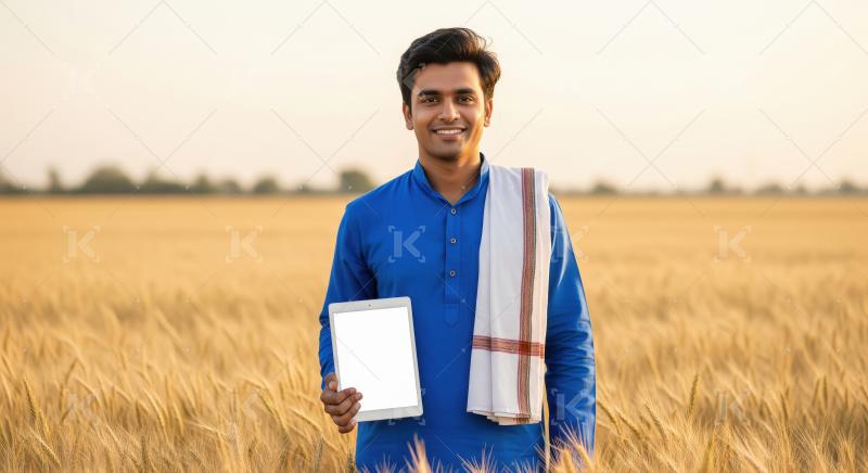 Happy young indian farmer holding tablet at wheat field