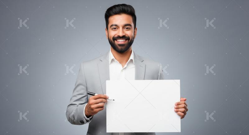 Young indian man holding white blank billboard