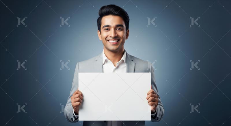 Young indian man holding white blank billboard
