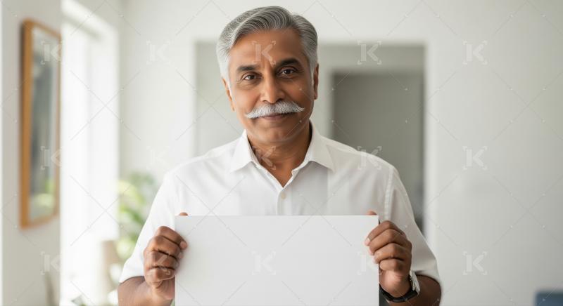 Happy senior indian man man holding blank white board