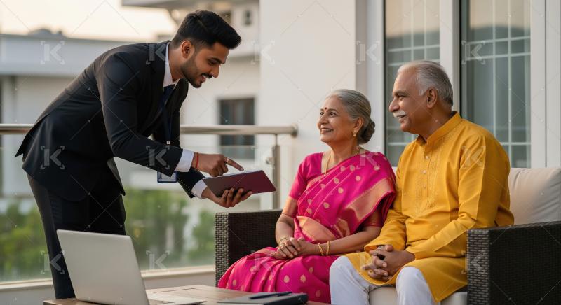 Young indian financial advisor giving advise to senior couple