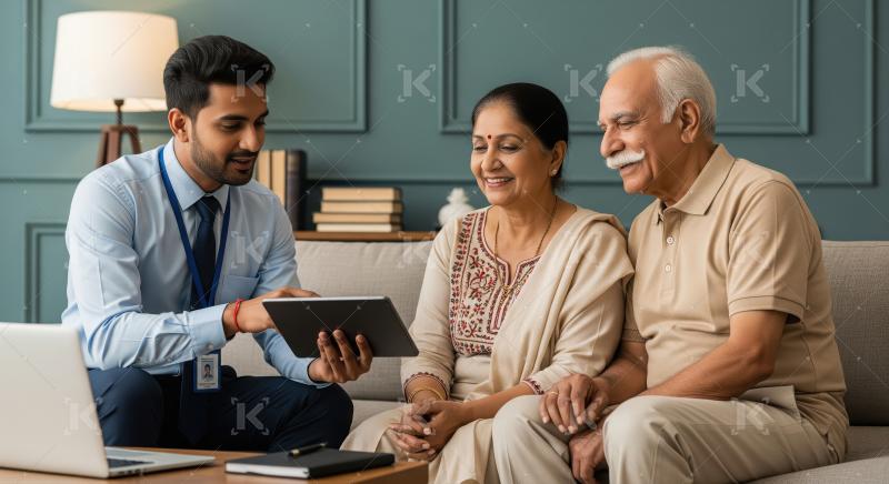 Young indian financial advisor giving advise to senior couple