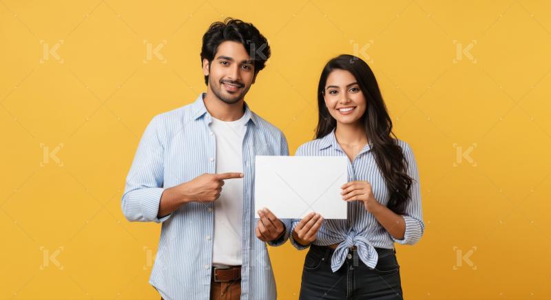 Young indian couple holding white blank board