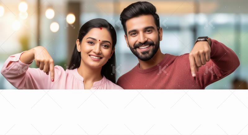 Young indian couple holding white blank board