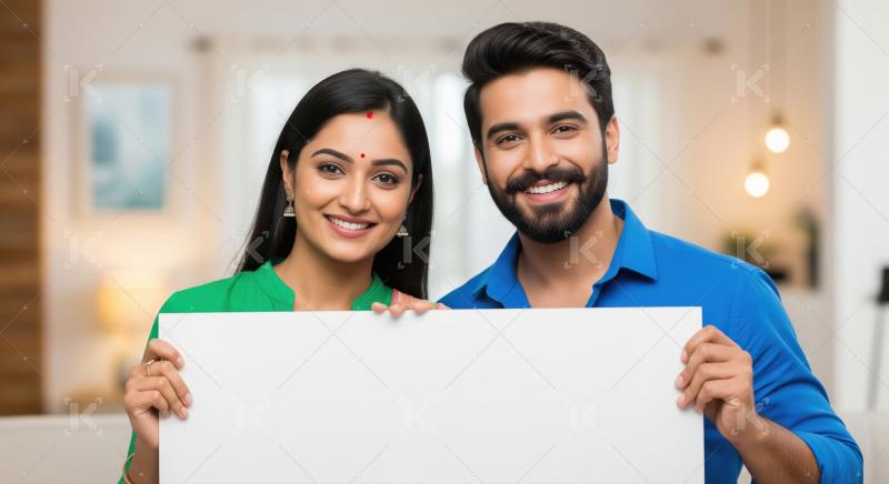 Young indian couple holding white blank board