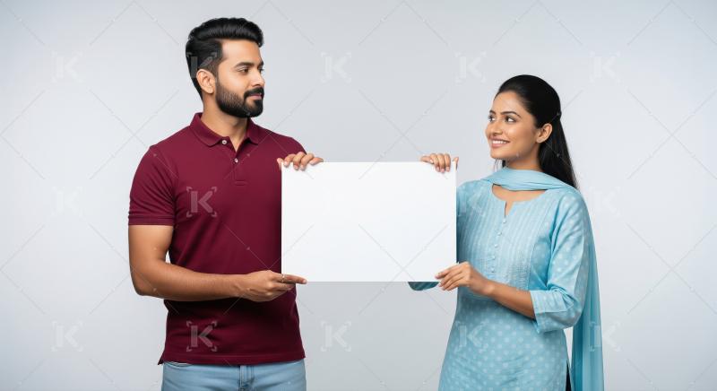 Young indian couple holding white blank board