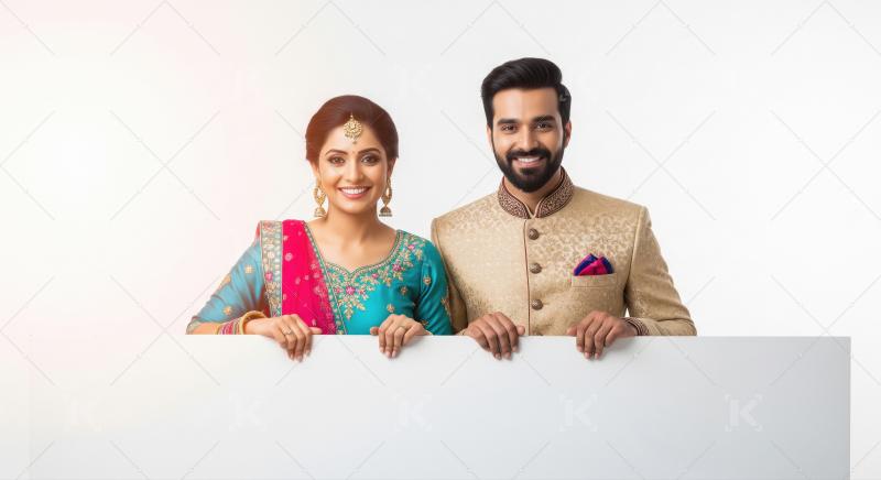 Young indian couple holding white blank board