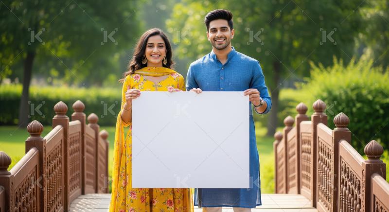 Young indian couple holding white blank board
