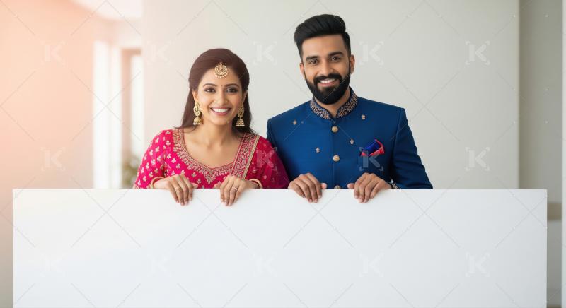 Young indian couple holding white blank board
