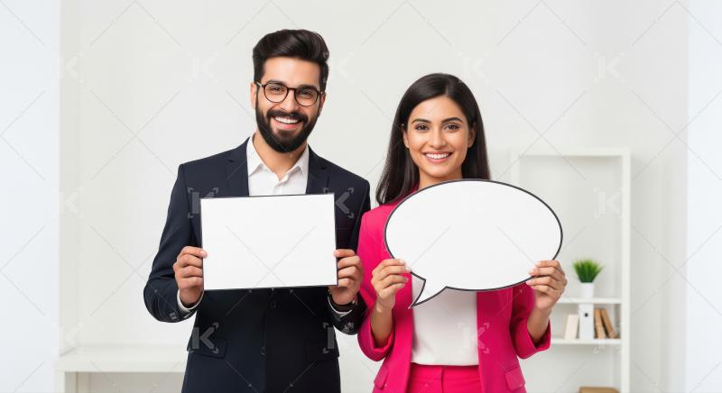 Young indian couple holding white blank board