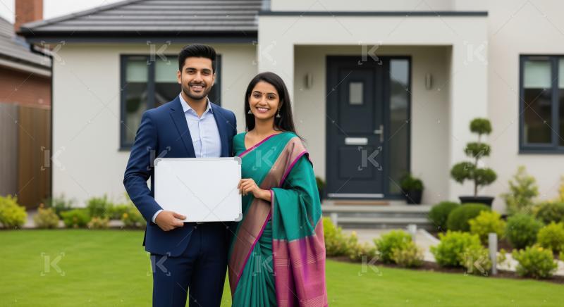 Young indian couple holding white blank board