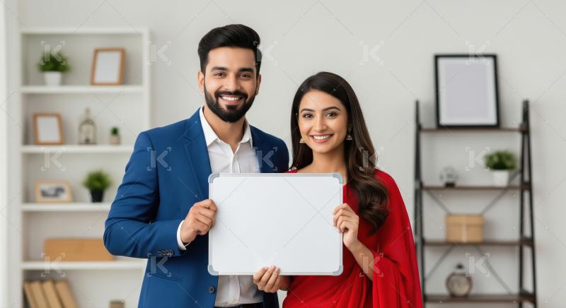 Young indian couple holding white blank board