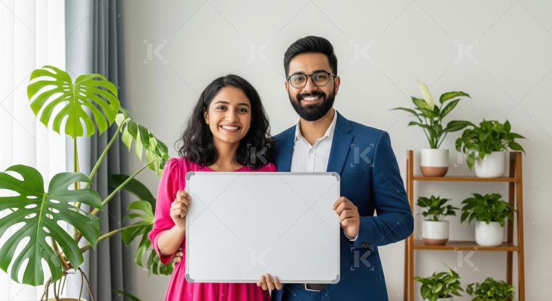 Young indian couple holding white blank board