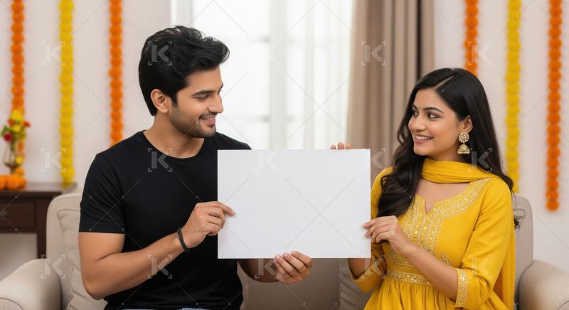 Young indian couple holding white blank board