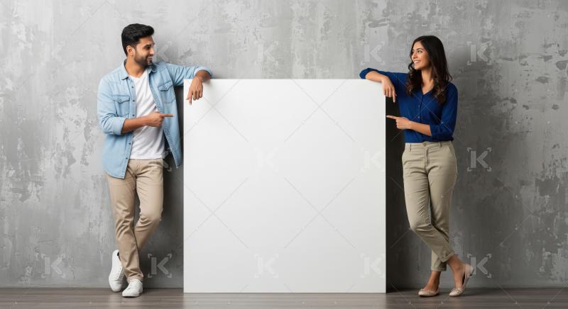 Young indian couple holding white blank board