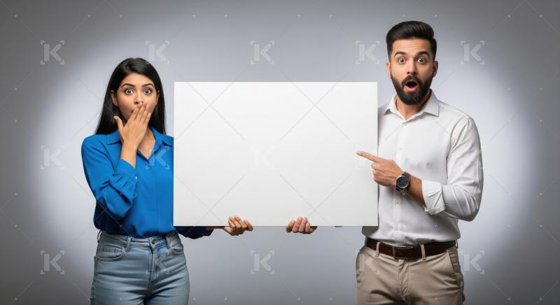 Young indian couple holding white blank board