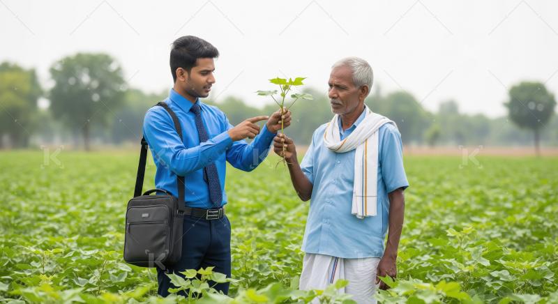 Young indian male advisor giving advice to indian farmer