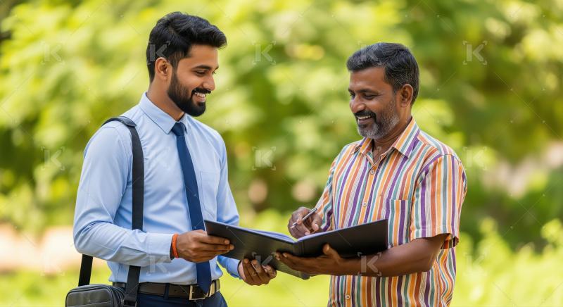 Young indian male advisor giving advice to indian farmer