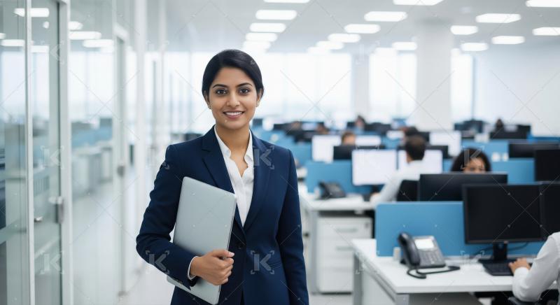 Young beautiful indian business woman standing at office