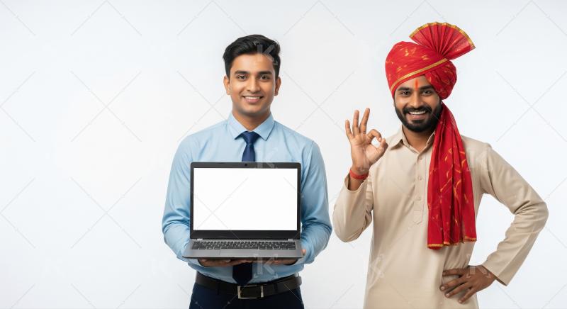 Young indian male advisor giving advice to indian farmer