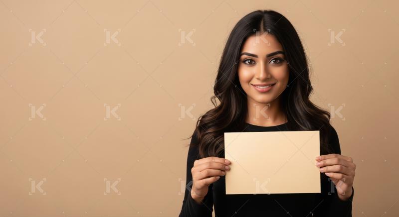Young beautiful indian woman holding black board