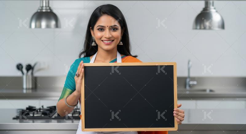 Young beautiful indian woman holding black board