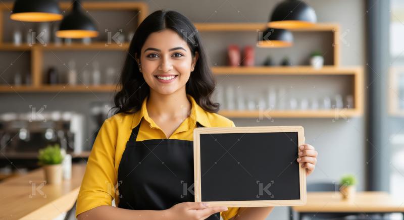 Young beautiful indian woman holding black board