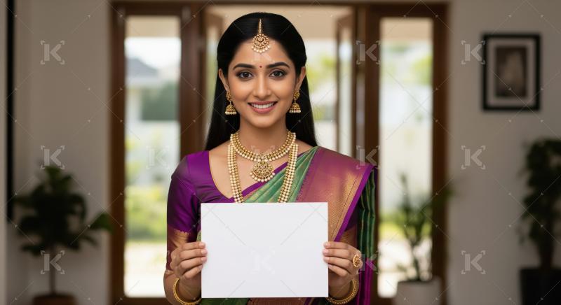 Young beautiful indian woman holding white blank billboard