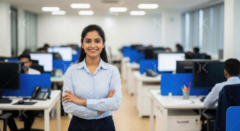 Young beautiful indian business woman standing at office