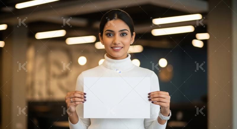 Young beautiful indian woman holding white blank billboard