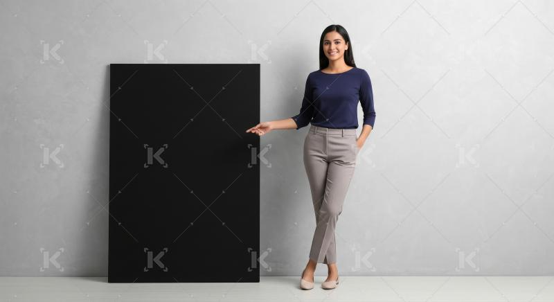 Young beautiful indian woman holding black board