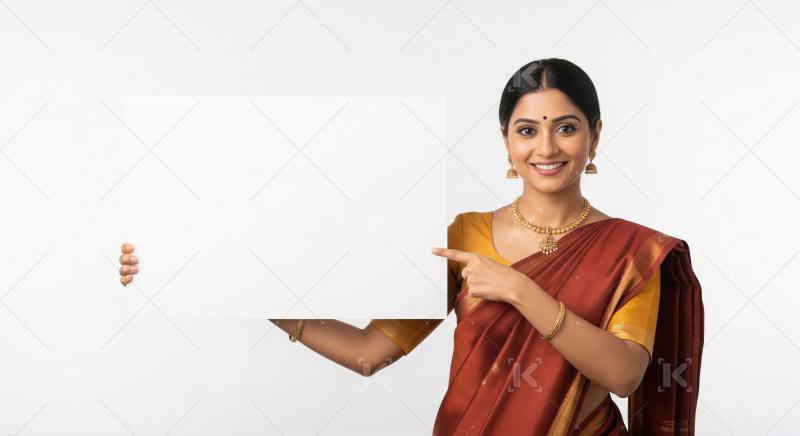Young beautiful indian woman holding white blank billboard