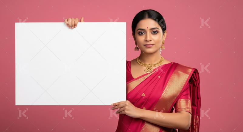 Young beautiful indian woman holding white blank billboard