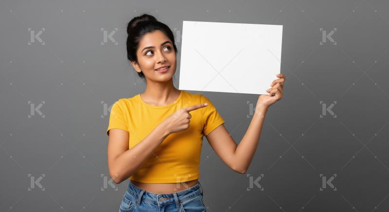 Young beautiful indian woman holding white blank billboard