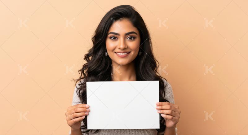 Young beautiful indian woman holding white blank billboard