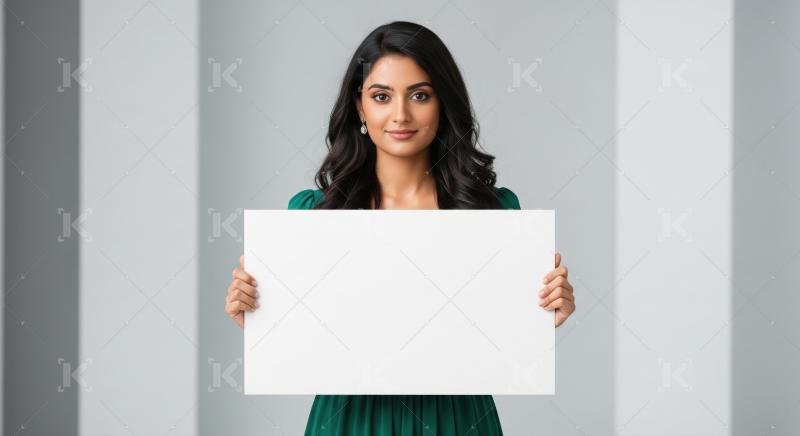 Young beautiful indian woman holding white blank billboard