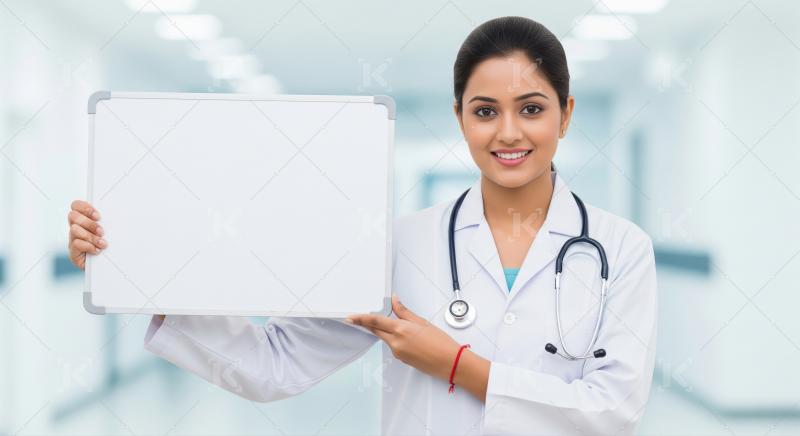 Young beautiful indian woman holding white blank billboard
