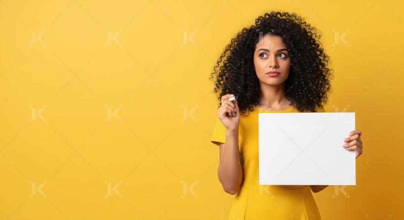 Young beautiful indian woman holding white blank billboard
